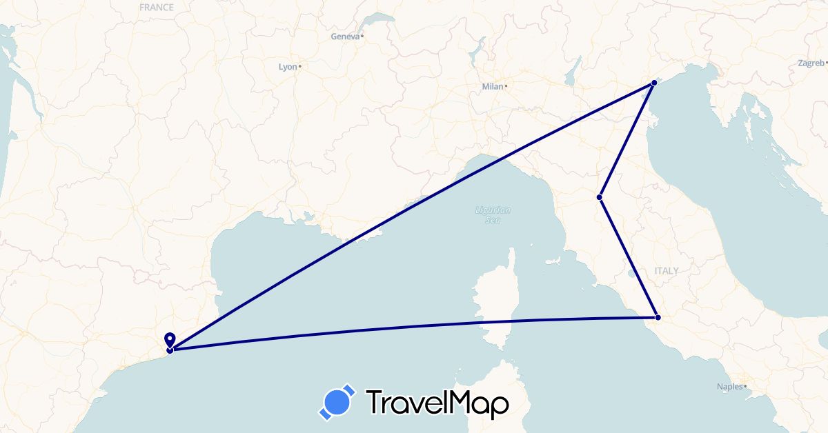 TravelMap itinerary: driving in Spain, Italy (Europe)